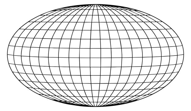 Line art illustration of a world map grid depicting a global projection for international concepts