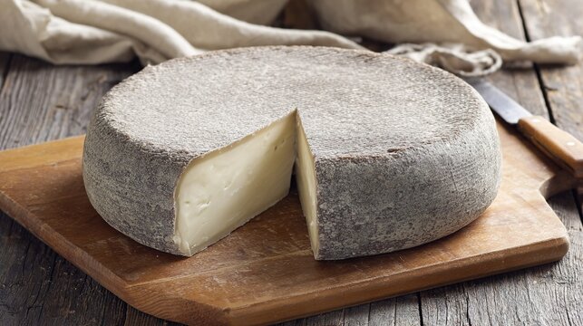 tomme. A round cheese on a board with a slice cut away. menu design, packaging mockups, recipe cards, designed for culinary blogs and recipe cards for restaurants, used by bi analysts.