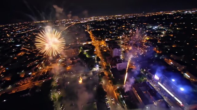 Aerial view of fireworks exploding over a city at night with streets and building lights