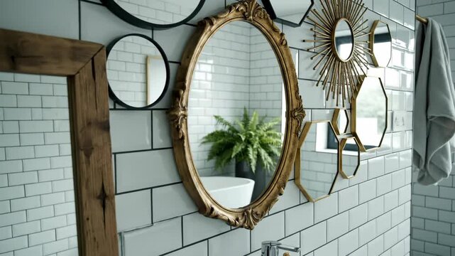Collection of decorative mirrors on a white subway tile wall. Ornate gold and sunburst frames reflecting a modern bathroom with a bathtub and fern. Interior design and home styling concept