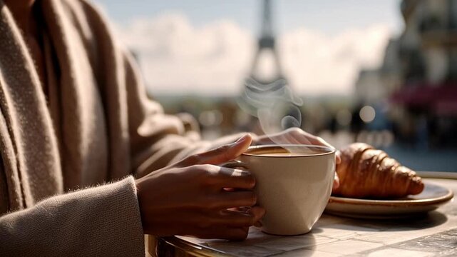 A person holds a warm cup of coffee with steam rising. A croissant sits on a plate nearby. In the background, the Eiffel Tower is visible against a clear sky.