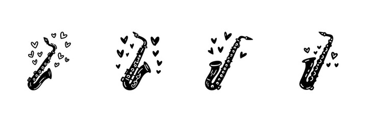 Saxophone With Hearts In Hand Drawn Style Set. Musical Romance, Jazz Love, Melodic Expression Doodle Sketch Collection. Artistic Music Passion. Isolated Vector Illustration