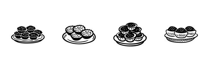 Assorted Cupcakes And Muffins On Plates In Hand Drawn Style Set. Bakery, Dessert Variety, Sweet Treats Doodle Sketch Collection. Confectionery Illustration. Isolated Vector Illustration