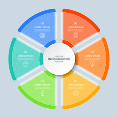Vector infographic circle. Cycle diagram with 6 steps. Round chart that can be used for report, business analytics, data visualization and presentation. Vector template with liquid glass effect.