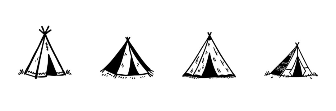 Teepee Tent Illustrations In Hand Drawn Style Set. Traditional Native American Shelter Doodle Sketch Collection. Camping And Outdoor Adventure Theme. Isolated Vector Illustration