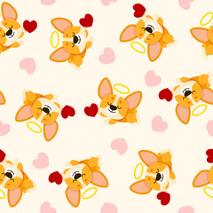 Adorable Corgi Angel and Hearts Seamless pattern