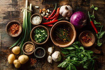Food preparation with fresh herbs and spices on wooden table for cooking