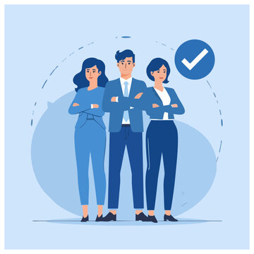 Three professionals standing together confidently with a checkmark symbolizing approval and teamwork in a modern office environment from a straightforward viewpoint b69.svg