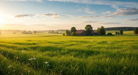 Obraz premium Serene Rural Landscape with Green Fields and Farmhouse.
