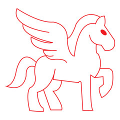 Winged Pegasus outline mythical creature illustration. Minimal line art of a winged Pegasus in red outline, representing mythology, fantasy creatures,  ancient legends in clean vector style.EPS10/AI