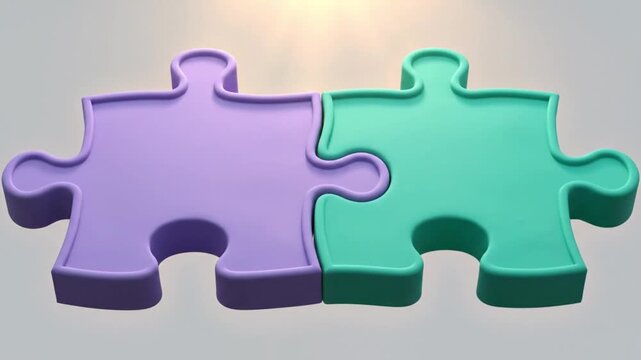 Two 3D puzzle pieces connecting together. Concept of partnership, solution, and teamwork.