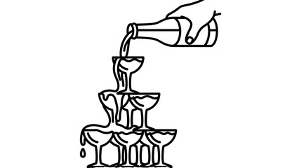 A hand pouring champagne into a multi-tiered glass fountain on transparent background