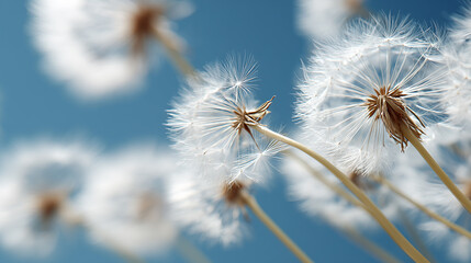 Obraz premium Close up of delicate white dandelion seeds blowing in the wind against a clear blue sky.