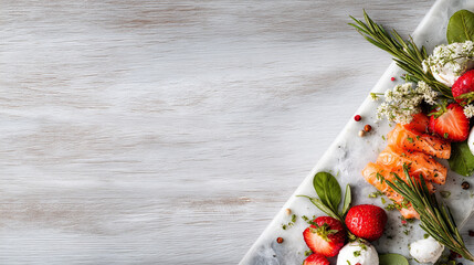 A delicious plate of fresh strawberries and salmon with herbs on a marble plate