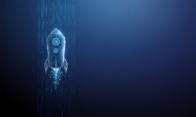 Fototapeta premium Blue 3d rocket flying in data stream. Technological acceleration, digital transformation, IT progress, cloud computing, goal achievement concept.