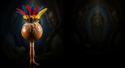 Handcrafted Cultural Gourd with Vibrant Feathers