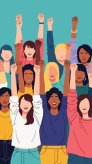 Fototapeta premium Diverse group of women raising fists in solidarity and empowerment.