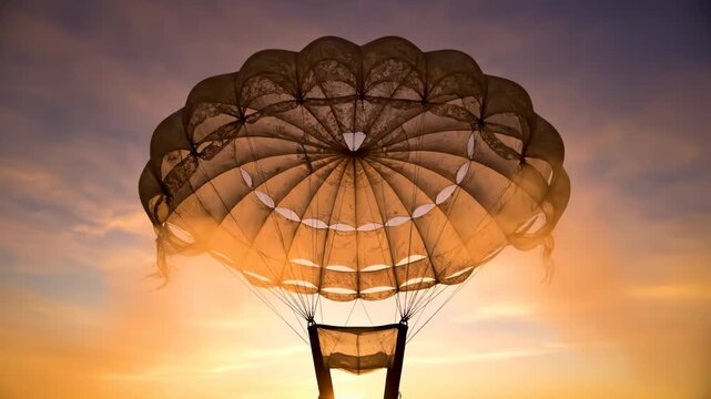 Parachutists Descending with Open Canopies During Sunset in Atmospheric Sky with Golden Light
