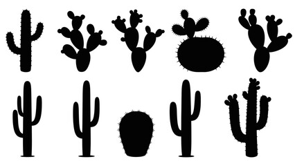Collection of Black Cactus Silhouettes on White Background.