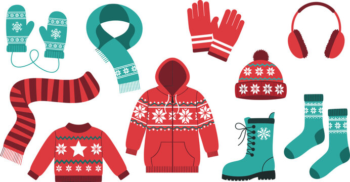 Winter clothing and accessories collection vector illustration set featuring warm sweaters, scarves, gloves, hats, boots, and cozy seasonal apparel