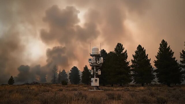 An outdoor environmental sensor monitoring air quality stands amidst a field with trees, capturing data through various instruments under a smoky, orange-tinted sky filled with wildfire