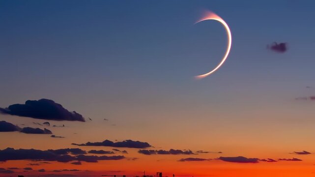 A celestial event showcases a stunning annular eclipse. Clouds frame a fiery ring in a vibrant sunset