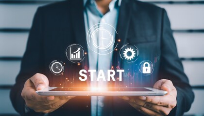 Person holding tablet with holographic business interface