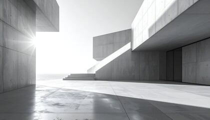 Obraz premium Modern architectural design featuring concrete structures with dynamic angles and soft sunlight