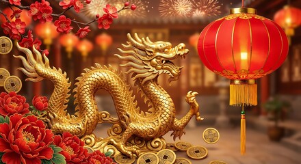 Fototapeta premium Golden dragon statue with red lanterns and flowers symbolizes prosperity and good fortune.