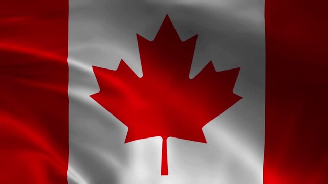 Canadian flag with a red maple leaf waving in the wind as a national symbol of Canada