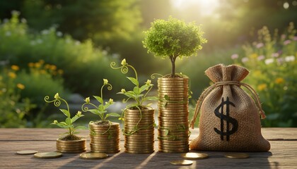 Stacks of coins with growing plants symbolizing financial growth