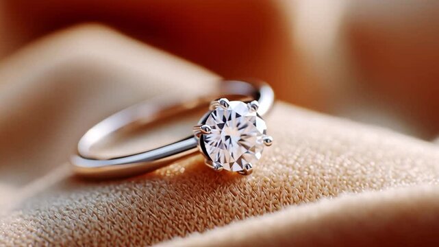 A diamond ring is resting on soft fabric, reflecting light beautifully. The scene captures the elegance of the jewelry in a warm setting, highlighting its design and shine.