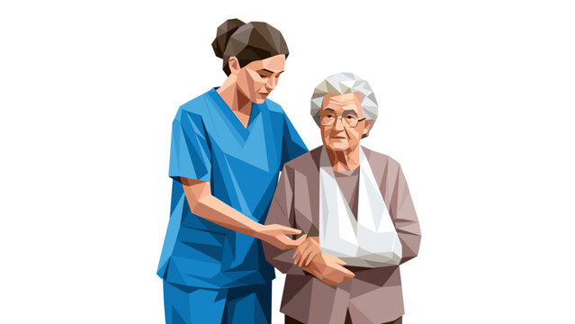 Geometric style nurse assisting elderly woman with arm sling