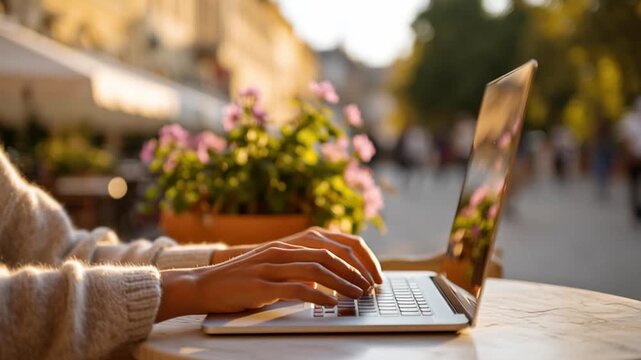 A person types on a laptop while sitting at an outdoor table. The scene shows a street with trees and flowers in soft light. People walk in the background enjoying the evening.