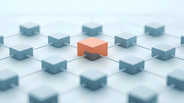 Central orange cube connected in digital network grid - Powered by Adobe