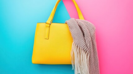 Bright yellow leather handbag with beige knitted scarf on colorful background