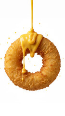 Golden Fried Onion Ring With Melted Cheese Sauce Dripping, Mouthwatering Snack Image
