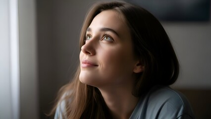Portrait Of Smiling Young Woman With Brown Hair Looking Upward By Window In Natural Light Wearing Blue Top With Soft Background