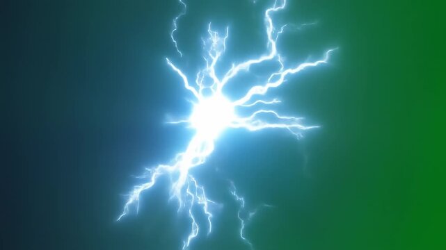 A vibrant lightning strike emanates from a bright center on a gradient green to blue background