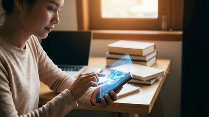 Woman using smartphone with holographic interface in a study room
