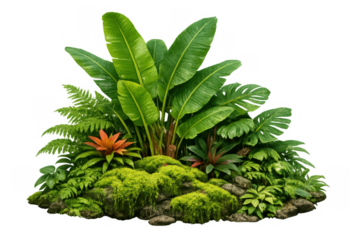 Tropical rainforest plants growing on mossy rocks with lush green foliage, banana leaves, monstera, and ferns on transparent background