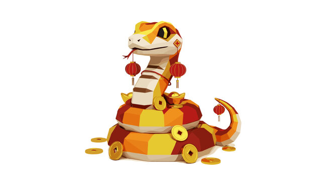 Low poly snake with gold coins and red lanterns for lunar new year design