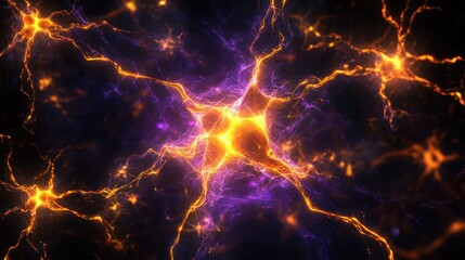 Glowing neural network with vibrant purple and orange connections