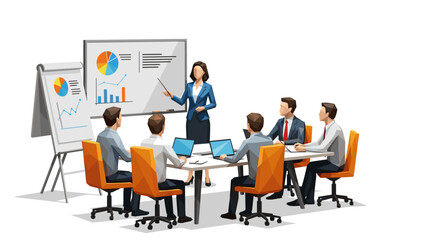 Business meeting with presentation: team strategy and data analysis in geometric style