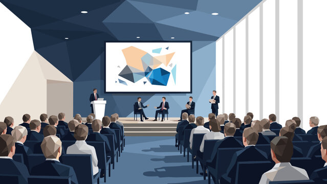 Corporate conference meeting in modern auditorium with speakers and audience in geometric style