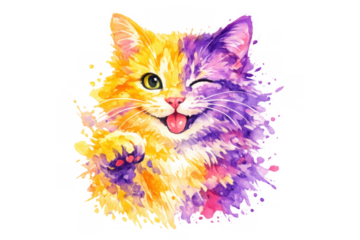 Watercolor cat winking and sticking out tongue, featuring vibrant yellow and purple brushstrokes creating an artistic splash effect. Transparent background