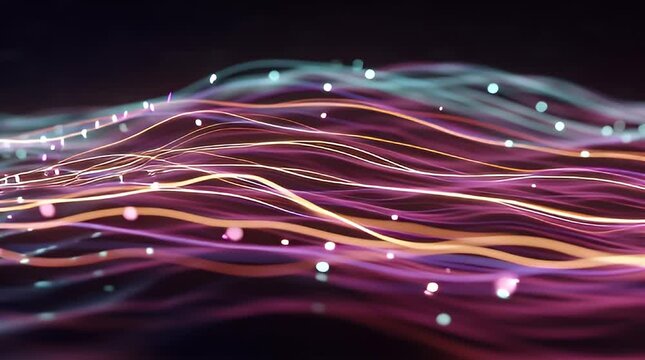 Flowing data streams move horizontally in a soft abstract landscape view with digital waves