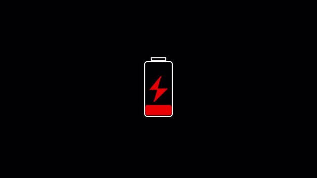 Mobile phone battery low warning blink animation ,Animated icon of red neon battery blinking as being out of the charge in transparent background in 4K animation 