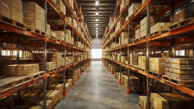 Rows of shelves filled with cardboard boxes in a large warehouse, ready for distribution.