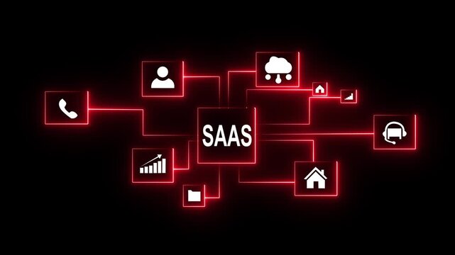 A dynamic neon-outlined animated infographic showcases a connected network of business icons around the central text "SAAS", highlighting communication, cloud, and growth concepts with red glowing lin